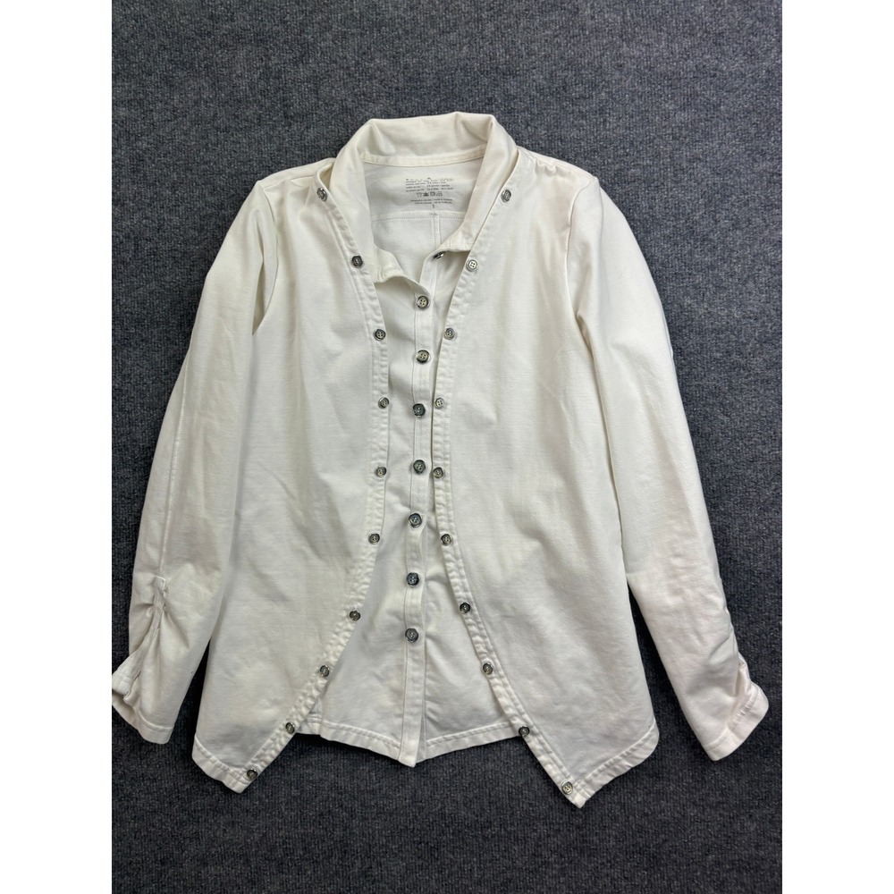 Neon Buddha Button Down Shirt Womens Small White Asymmetrical Double Front Top